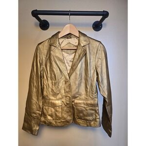 Cabi Women's 100% Leather Jacket/Blazer Size 8 Metallic Gold Button Up